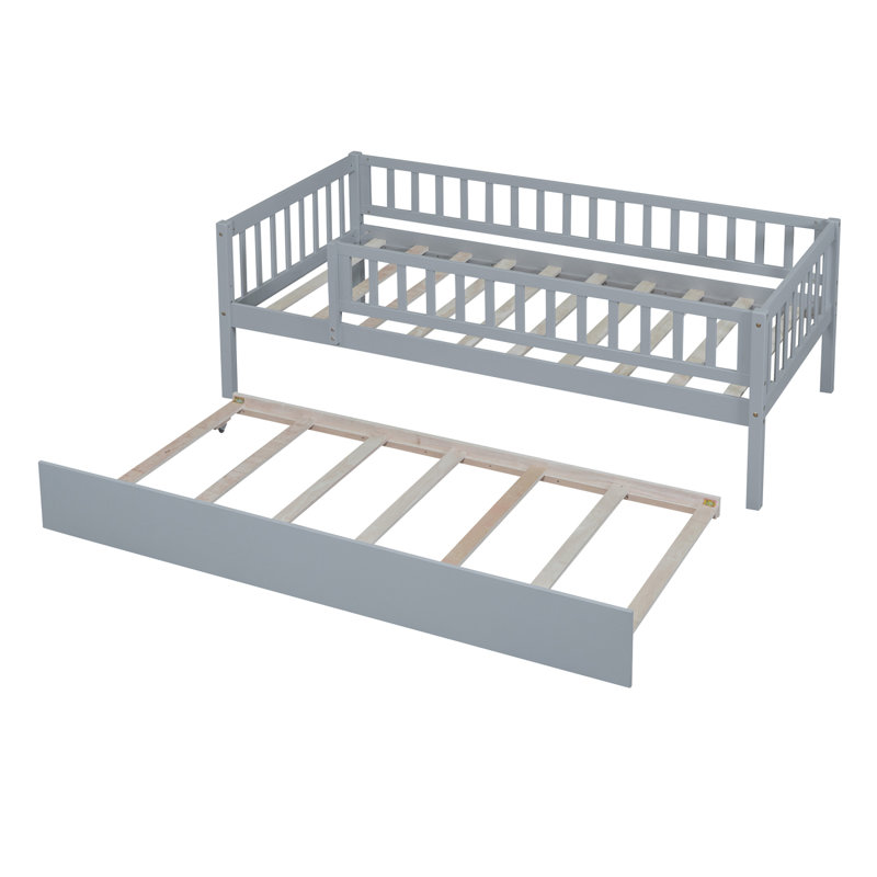 Wood Daybed With Trundle And Fence Guardrails, Gray, Twin