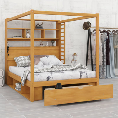 Canopy bed frame with bookcase headboard, usb outlets and led lights, storage cubbies, footboard drawer and reversible rack
