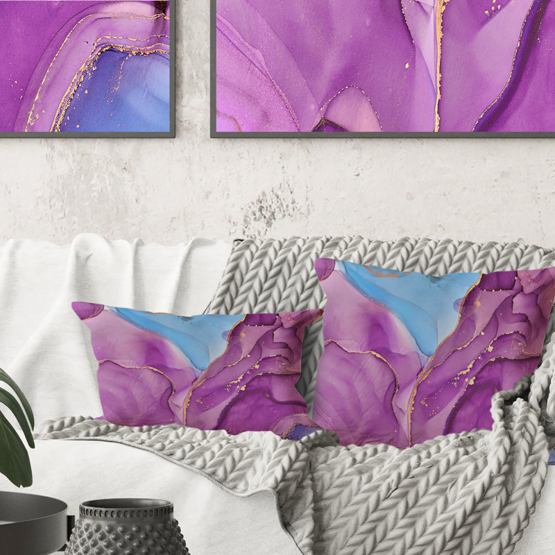 Coussin rose et mauve à motif abstrait liquide Art II, 16 po x 16 po