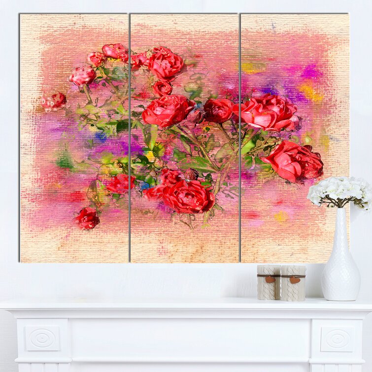 DesignArt Roses Pastel Chalk Illustration On Canvas 3 Pieces Print