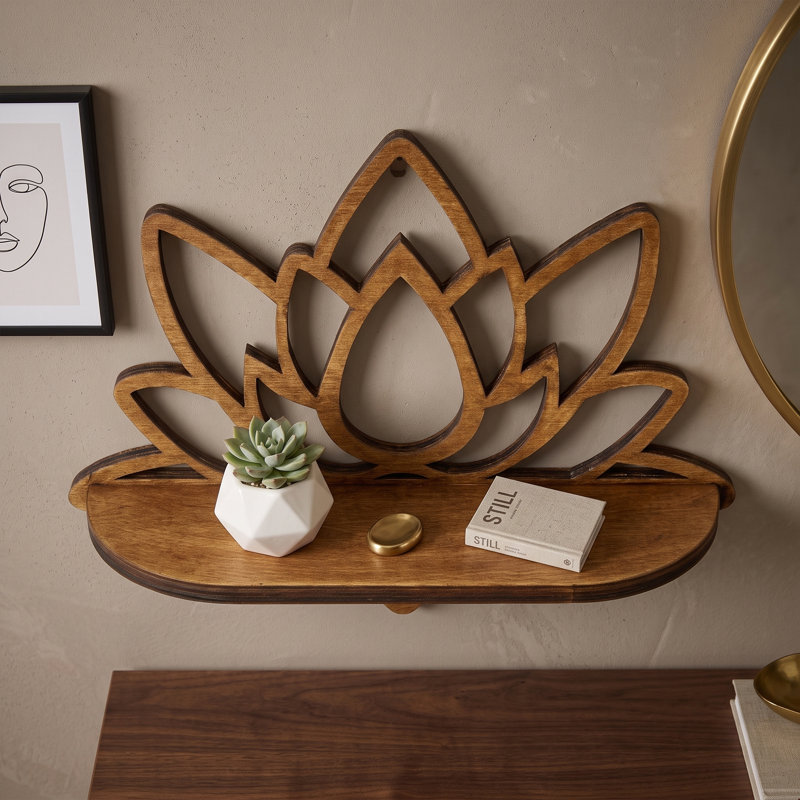 Serene Lotus Wooden Floating Shelf