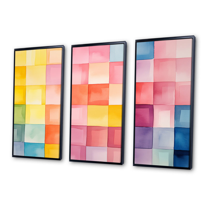 Paster Color Cubes Patterns II - art mural géométrique, H 28 po x l 36 po x P 1 po, Cadre flottant noir