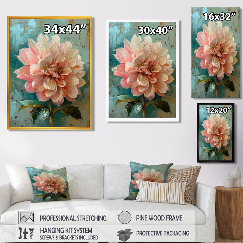 «Dahlia Collage III» - impression d'art mural rose, Cadre flottant doré, H 24 po x l 32 po