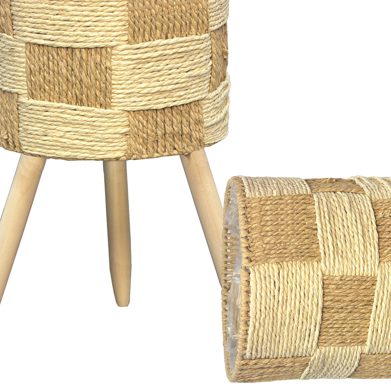 Ensemble de supports à plantes tissés 2 pièces avec base en bois et doublures en plastique Boho