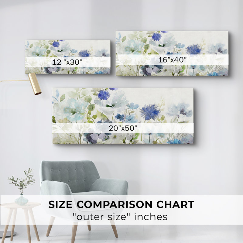 Fleurs sauvages en bleu - Toile tendue avec châssis - Prêt à accrocher, H 20 po x l 50 po