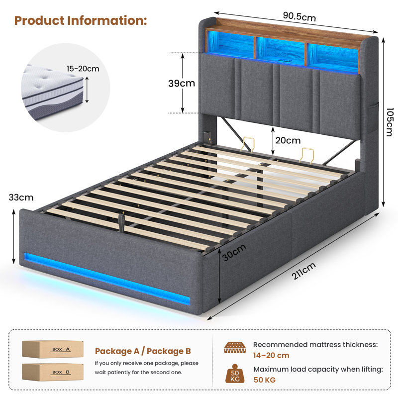 Annalysse 90x190 cm Single Bed with Lift-up Storage, Adjustable LED lights, Charging station, Open shelving, Single-90x190 cm