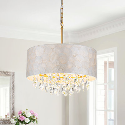 4 - Light Coastal Style Capiz Shell Crystal Drum Chandelier