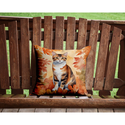 Korean Bobtail Cat in Fall Leaves Throw Pillow