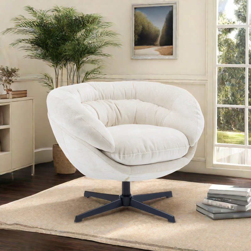 Chaise de bureau en chenille moderne, fauteuil club pivotant à 360 ° / fauteuil d'appoint avec coussin amovible, chaise de bureau ronde, base en métal noir, matériau en coton, salon, chambre à coucher, coin lecture, bureau (beige)