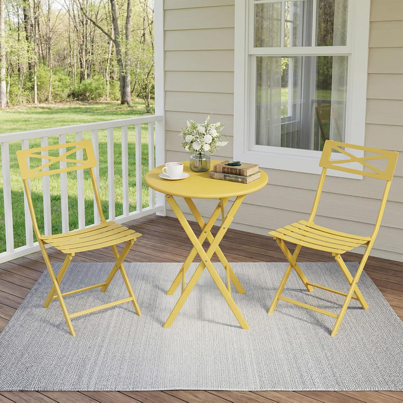 Ensemble bistro 3 pièces, table de patio et chaises pliantes, mobilier d'extérieur peu encombrant jaune, Jaune