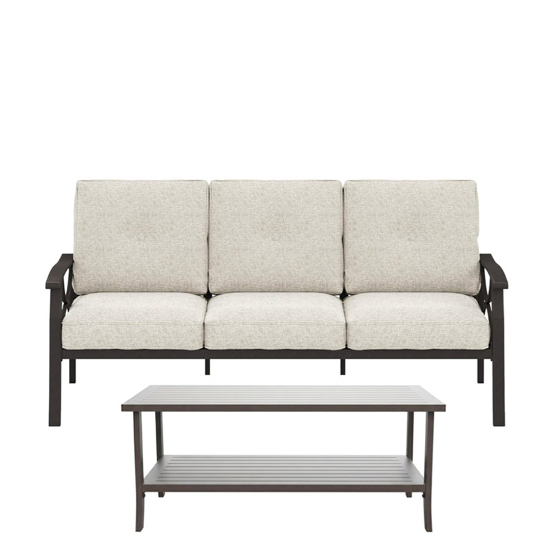 2 Piece Outdoor Patio Set, 70 Inches All-Weather Metal 3-Seat Metal Patio Sofa And Rectangular Coffee Table, With Beige Cushions & Khaki Frame