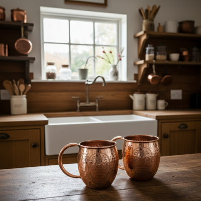 Ensemble de 2 tasses en cuivre fabriquées à la main Ambiente Santa Clara avec patine à la menthe pour mules et boissons froides