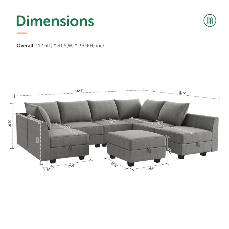 Canapé modulaire modulaire en forme de U avec repose-pieds avec rangement, Polyester gris
