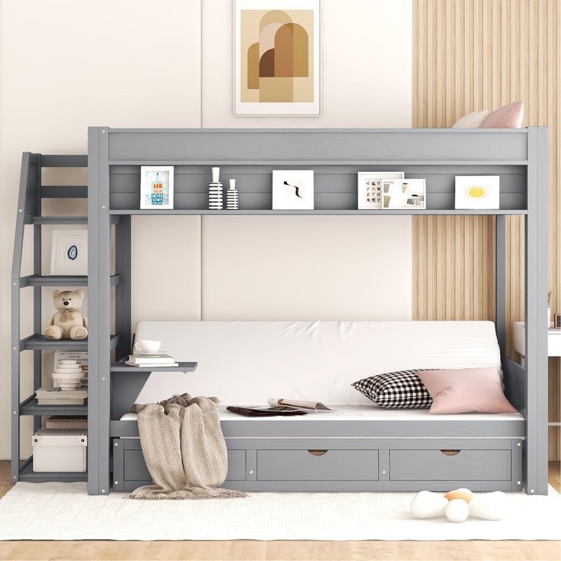 Lit superposé convertible en bois avec escalier de rangement, table de chevet et 3 tiroirs
