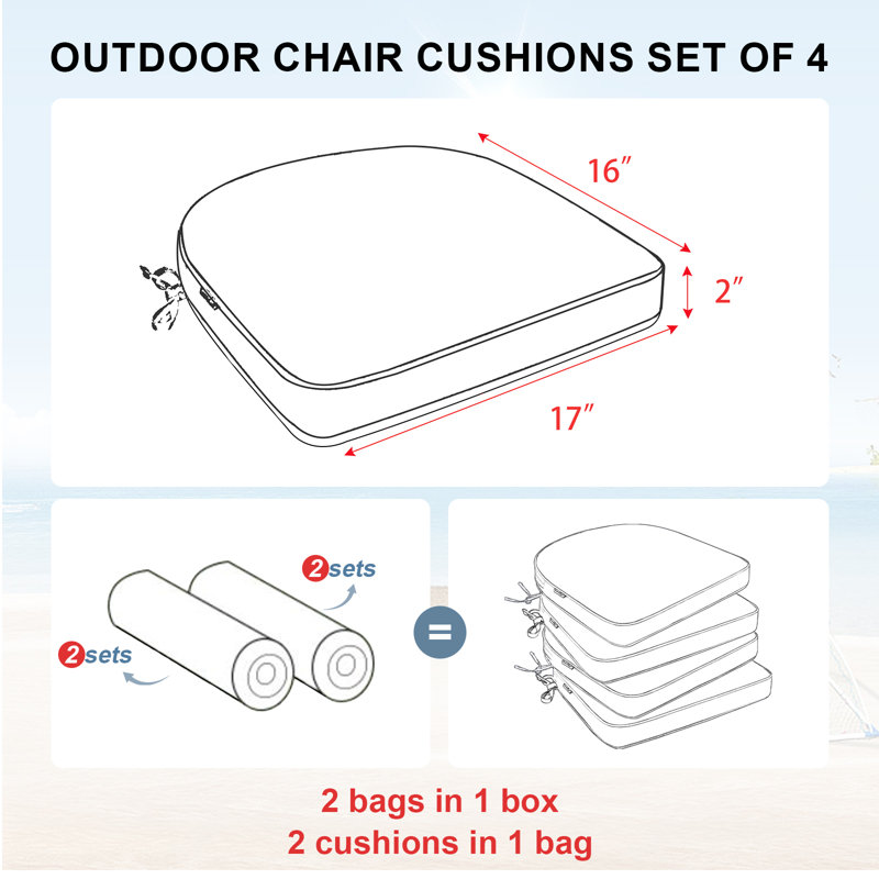 Patio Cushion Set(Set of 4), Removable Seat Cushions with Waterproof Cover & Tie Straps, 16"×17", Red