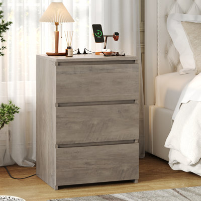 Arieyonna 26"H Nightstands with Outlets & USB Ports, 3 Drawers,Gray