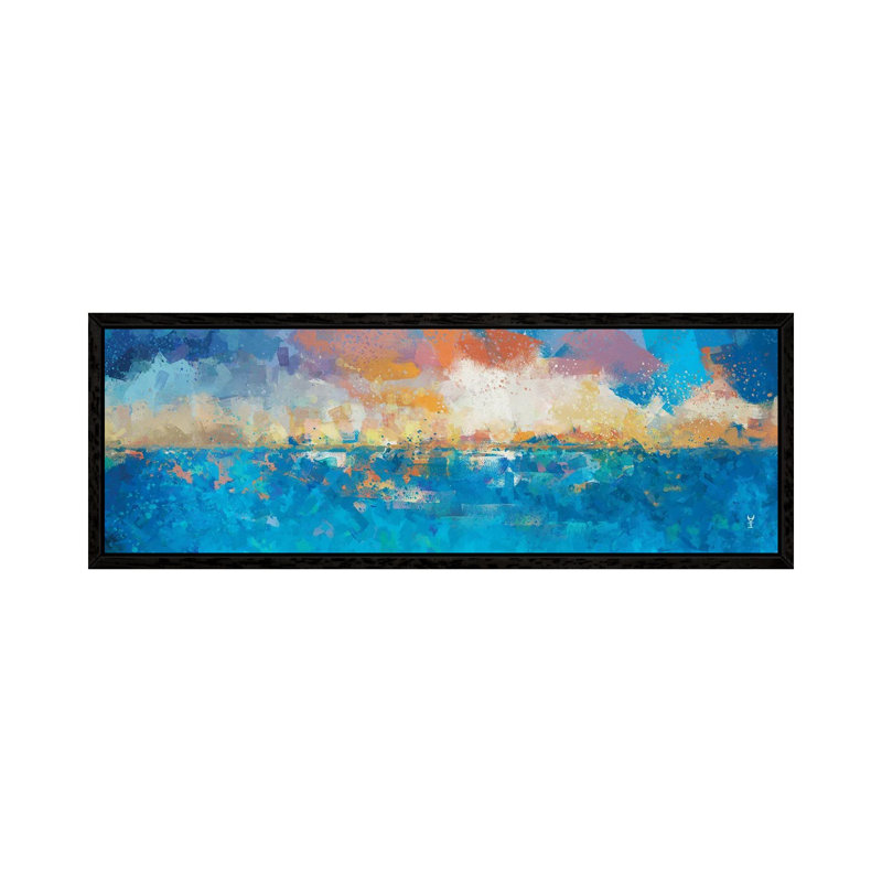 Sunset Seascape I by Van Credi - Panoramic Painting on Canvas, 40.64cm H x 121.92cm W x 3.81cm D, Black Framed