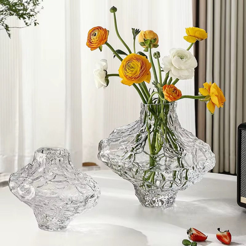 Irregular Creative Glass Vase – Modern Artistic Decorative Flower Vase, 9.06" H x 10.24" W x 3.35" D
