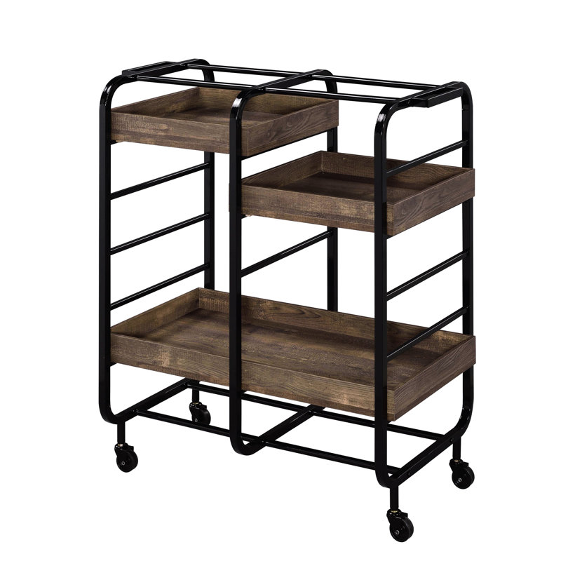 Contemporary Black And Walnut Serving Cart With 3 Adjustable Trays Spacious Modern Kitchen -, Black/Brown