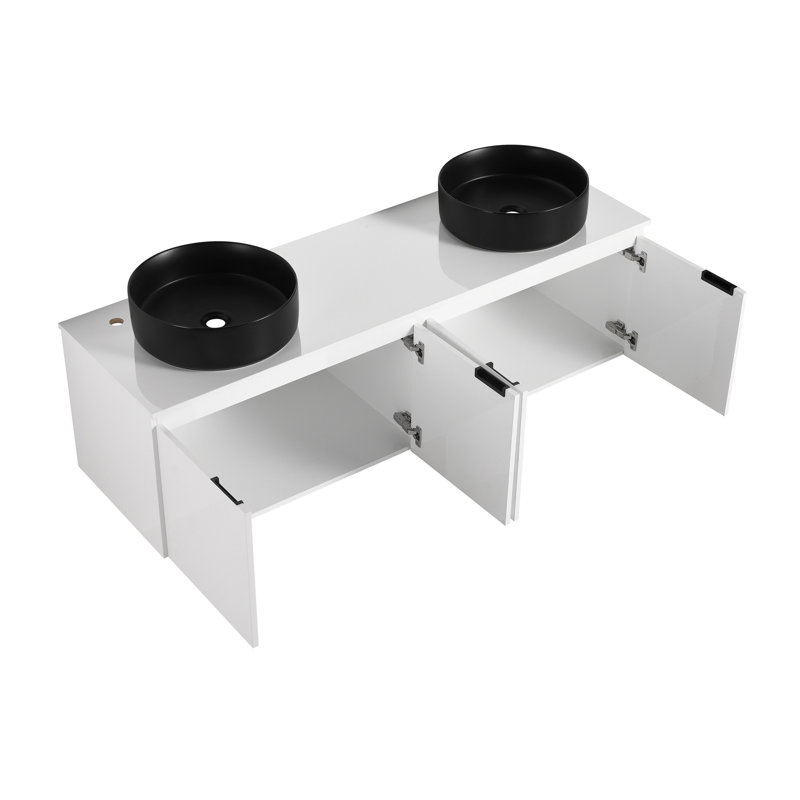 Meuble-lavabo mural flottant 60 po avec lavabo et porte d'armoire à fermeture en douceur 60 po, Glossy White/Black
