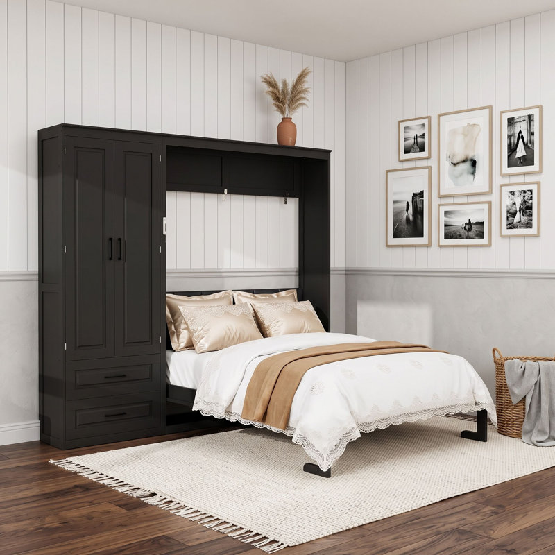 Grand lit escamotable tout-en-un avec tête de lit tapissier, armoire de rangement et tiroirs, Black