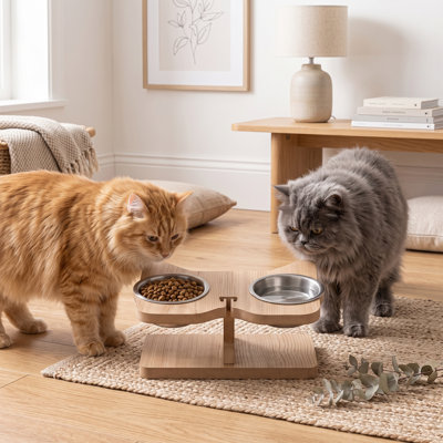Distributeur de croquettes double surélevé en bois naturel moderne en forme de chat avec gamelles en acier