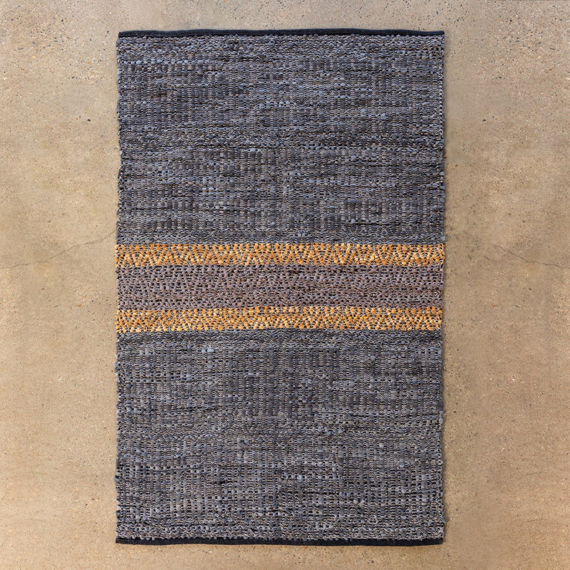 Gray and Caramel Recycled Leather Striped 4' x 6' Rug