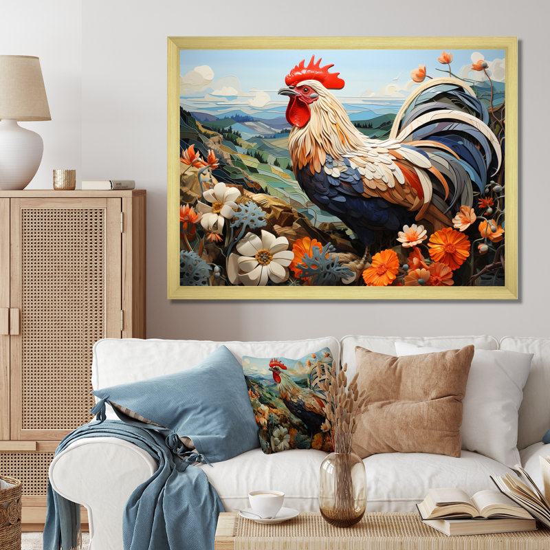 Portrait de coq avec des fleurs de montagne, Cadre doré simple, H 12 po x l 20 po x P 1 po