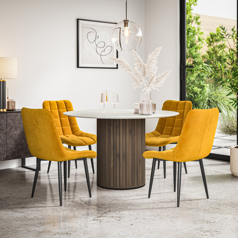 Arlo White Marble Table Top W Oak Legs + Nova Velvet Dining Chair Mustard Set Of 6, White/Brown, Mustard/Black, 7