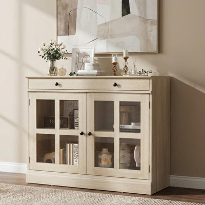 Buffet 35,4 "avec porte et tiroir en verre, tablette réglable, armoire de rangement pour le salon, buffets et buffets de rangement modernes pour la salle à manger et la cuisine