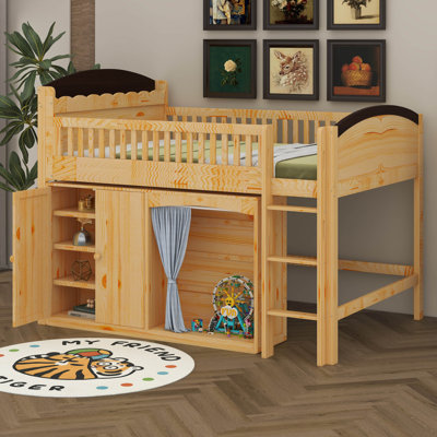 Lit mezzanine double avec armoire de rangement, structure de lit mezzanine en bois massif avec garde-robe et DEL pour enfants adolescents
