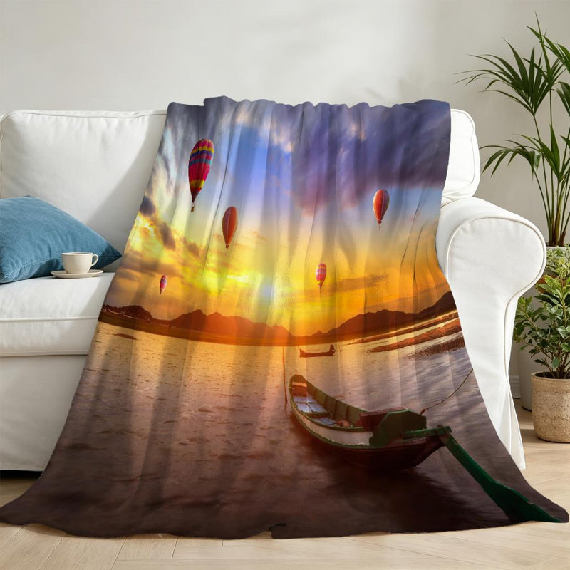 Jeté en molleton orange ultra doux en flanelle orange, imprimé montgolfière coucher de soleil, Throw 50" x 60"