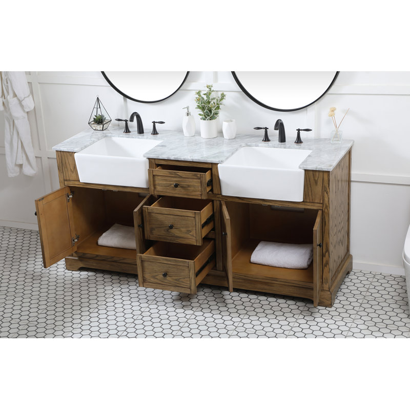 Guri 72'' Double Bathroom Vanity with Carrara Marble Top, Driftwood