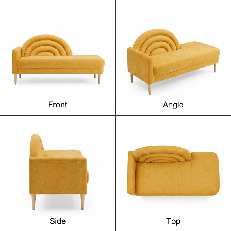 Rainbow-Inspired Linen Upholstered Chaise Lounge with Curved Backrest, Yellow