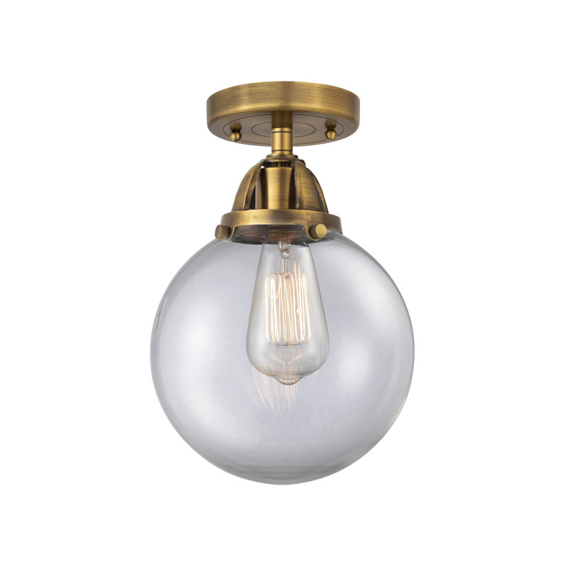 Flush Mount, 11.25" H x 8" W x 8" D, Brushed Brass, Clear