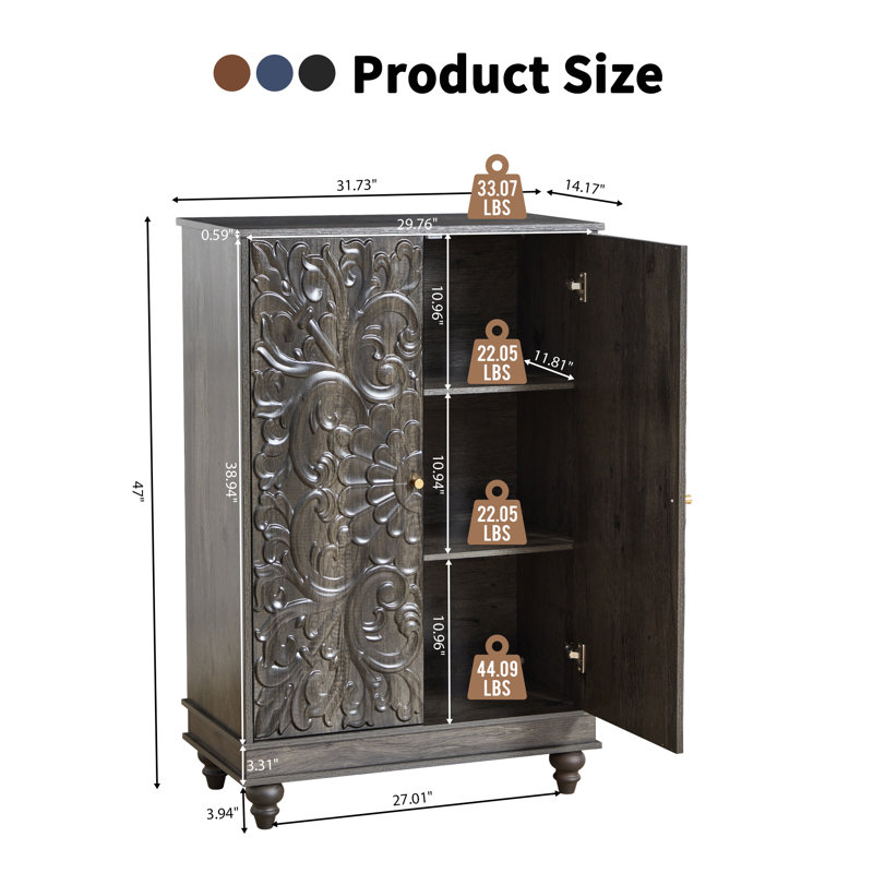 31.73'' W 2 - Door Embossed Farmhouse  Accent Cabinet, Black, 47" H x 31.73" W x 14.17" D