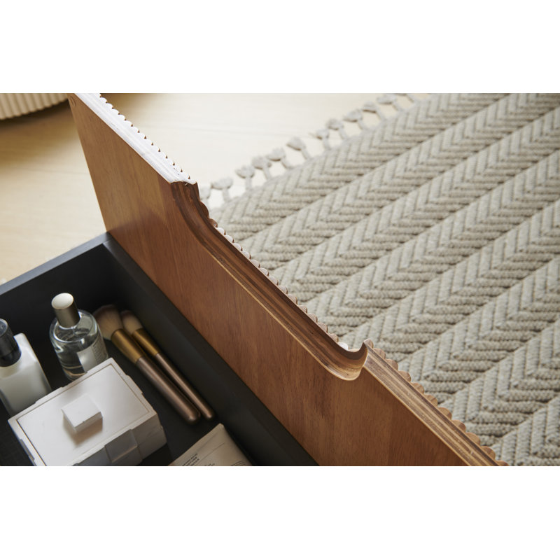 Meuble-lavabo de salle de bain Dina avec lavabo, meuble de rangement mural rayé à bords arrondis avec tiroir, lavabo rond en céramique blanche avec motif de pierre, pré-assemblé, couleur grain de bois naturel
