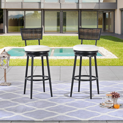 Ensemble de 2 tabourets de bar pivotants d'extérieur en métal avec coussins blancs