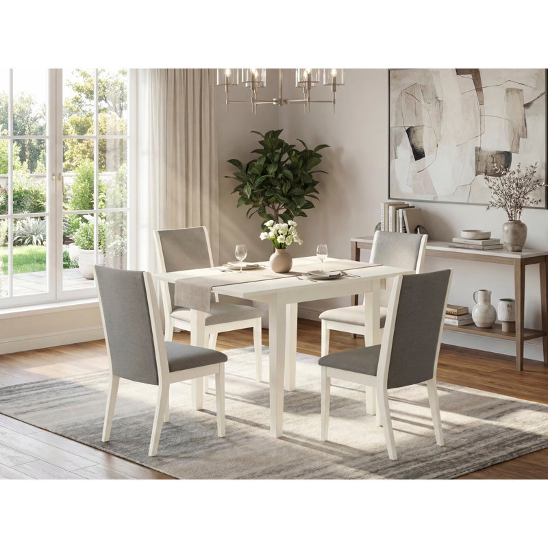 5 Piece Dinette Set for 4 Includes a Rectangle Dining Room Table with Dropleaf and 4 Shitake Linen Fabric Parsons Dining Chairs, Linen White
