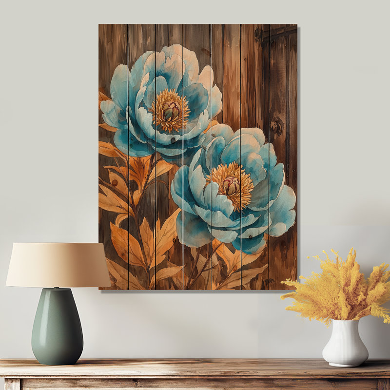 Pivoines bleues dans la basse-cour III - Art mural en bois pivoines - sur bois de pin naturel, H 20 po x l 10 po x P 0,78 po