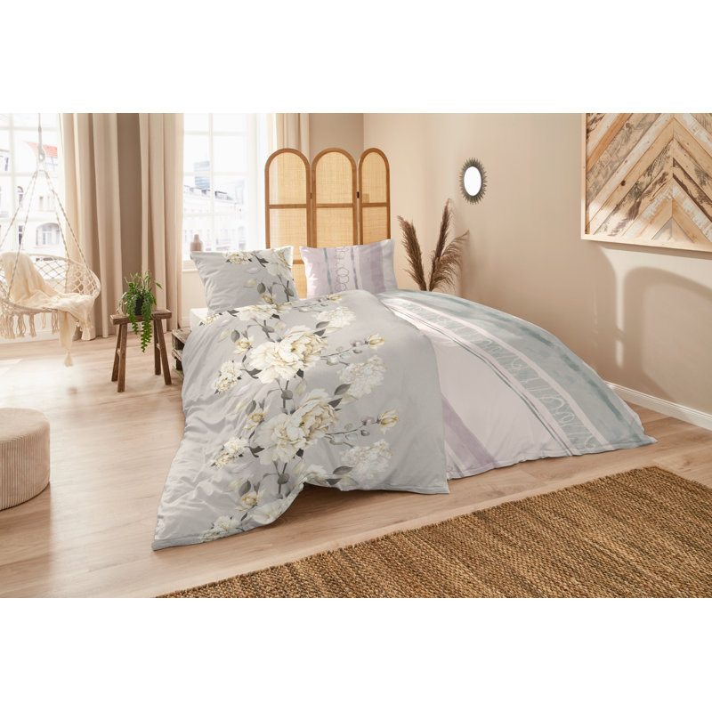 Octavia Cotton Floral Duvet Cover Set with Pillow Shams Included, Single Duvet Cover + 1 Standard Pillowcase, Green/Rosa