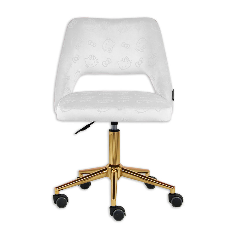 Moneik Hello Kitty Velvet Makeup Vanity Chair 360 Degrees Swivel Cute Desk Chair Wheels Golden Base, White Velvet