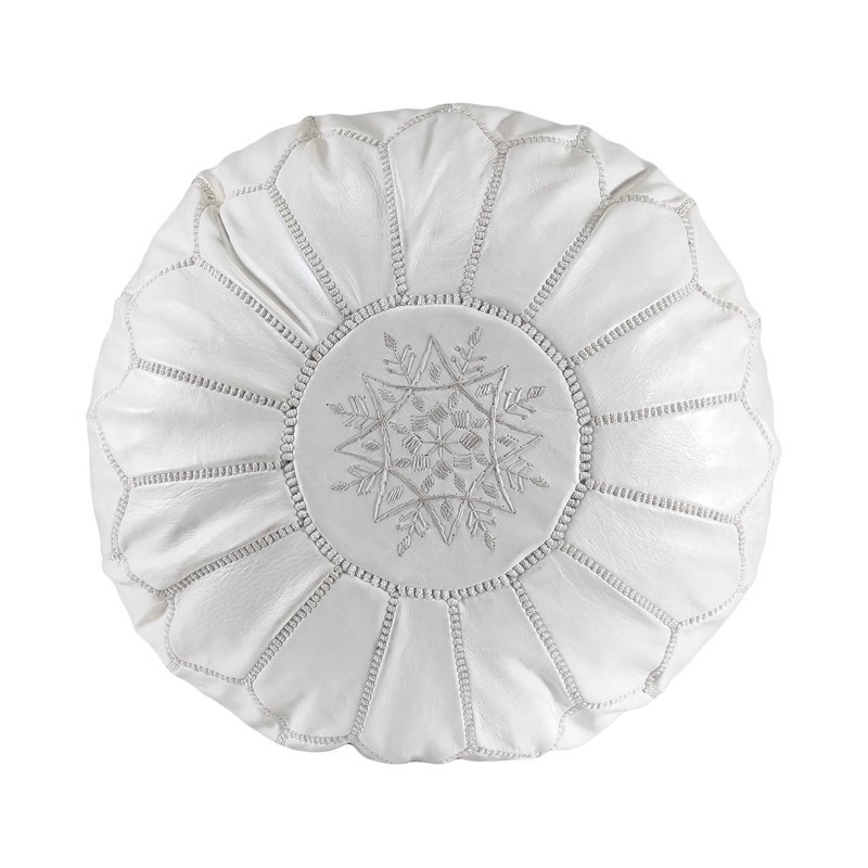 Leather Pouf, White Genuine Leather