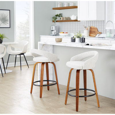 Tabouret de comptoir à hauteur fixe avec pivot en bois de noyer et tissu d'avoine avec repose-pieds rond en métal noir - ensemble de 2