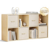 8 Cube Storage Organizer - Solid Wood Bookshelf With 4 Storage Bins, Cube Shelf With 2 Removable Back Panels, Vertical Or Horizontal Bookcase, Open Book Shelf For Bedroom, Living Room, Office