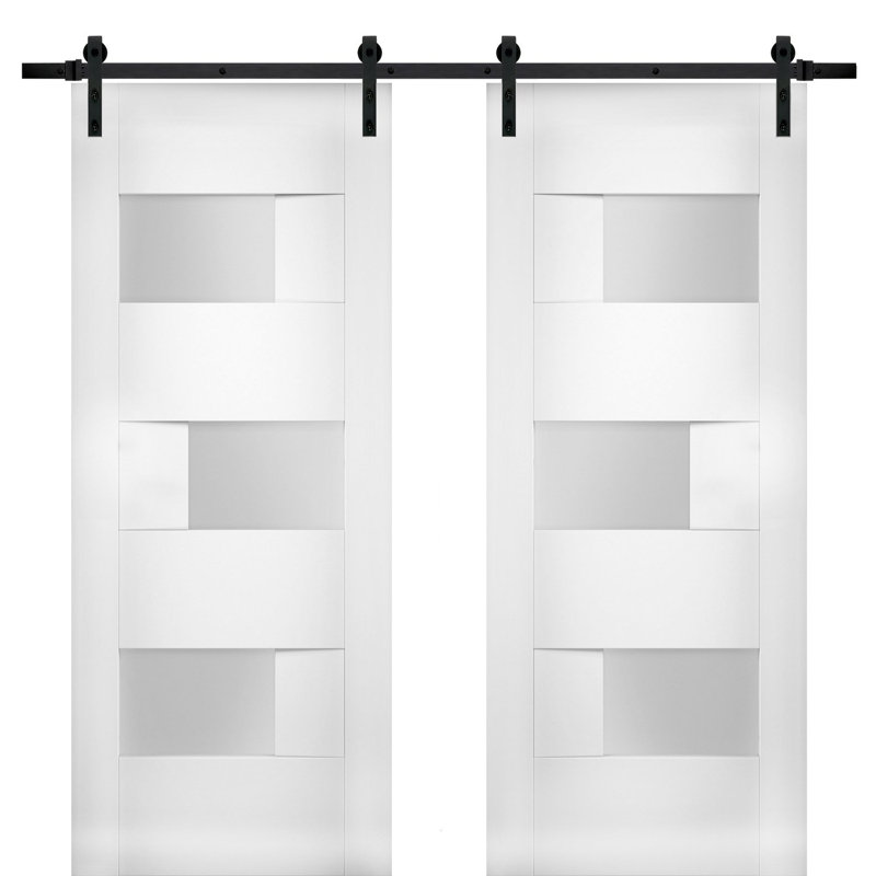 Portes de grange blanches en verre givré Sete avec trousse de quincaillerie d'installation, 84 po x 96 po, Noir