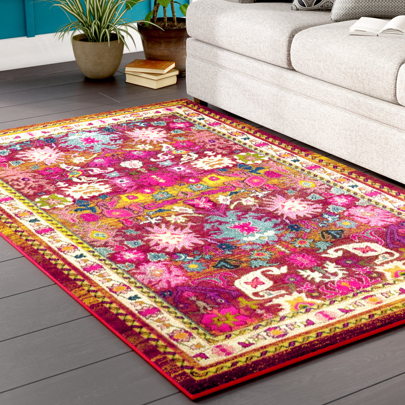 Tapis bourgogne / bleu à motif floral Eddins, Rectangulaire 7 pi 1 po x 10 pi