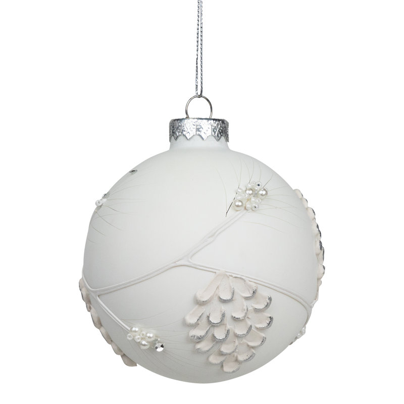 3.5"X3.5"X3.5"H GLASS WHITE BALL W/LEAVES PATTERN ORN 2ASST