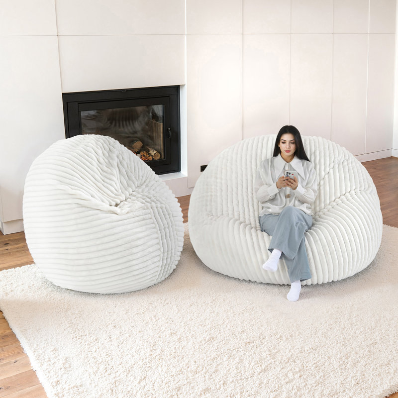 Oversized Large Round 5 Foot Giant Foam Filled Faux Rabbit Fur Bean Bag Sofa with Soft Removeable Cover, Beige 