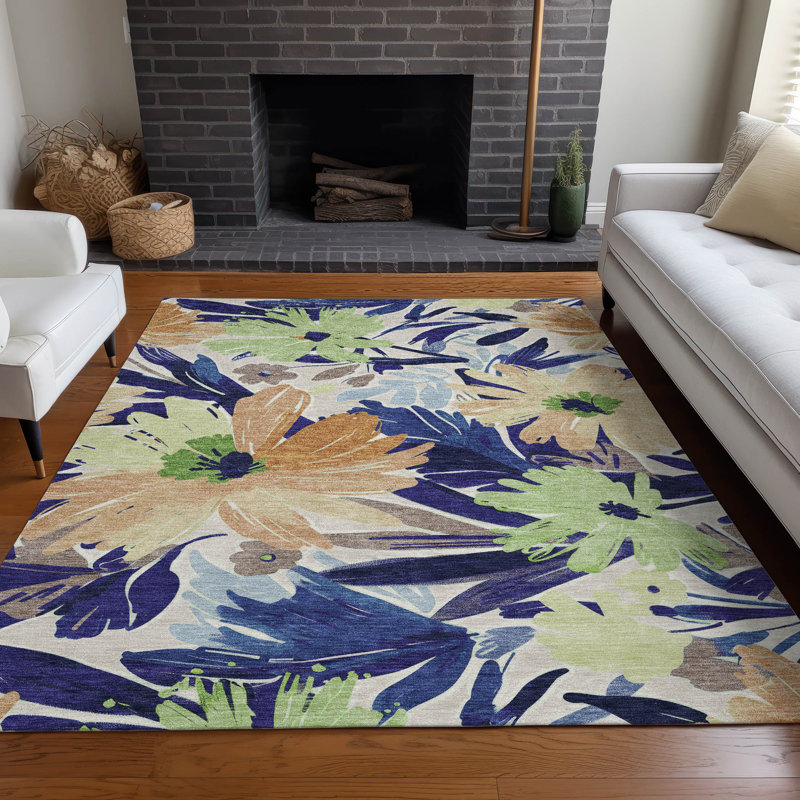 Tapis bleu marine intérieur / extérieur lavable à la machine Claudian ACN1484, Rectangle 5 pi x 7 pi 6 po